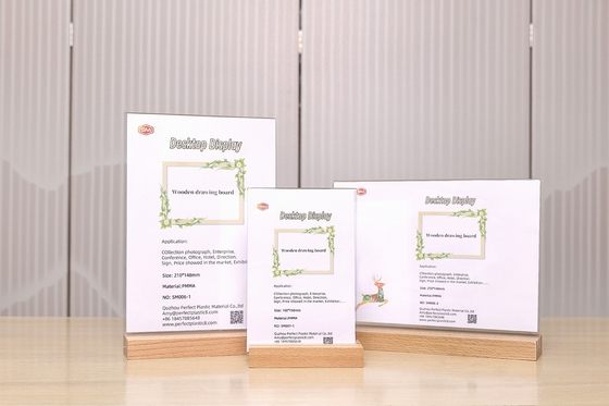 Gỗ sồi đáy gỗ hình chữ T rõ ràng Acrylic Sign Holder Wedding Menu Card Display